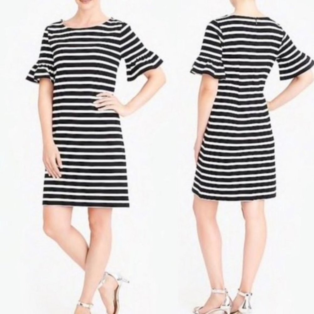 J. Crew Black and White Striped Bell Sleeve Shift Dress Size M EUC